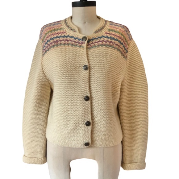 Vtg Hand Knit Embroidered 100% Pure Wool Pastel Rosebud Ivory Cardigan Sweater - Picture 3 of 16